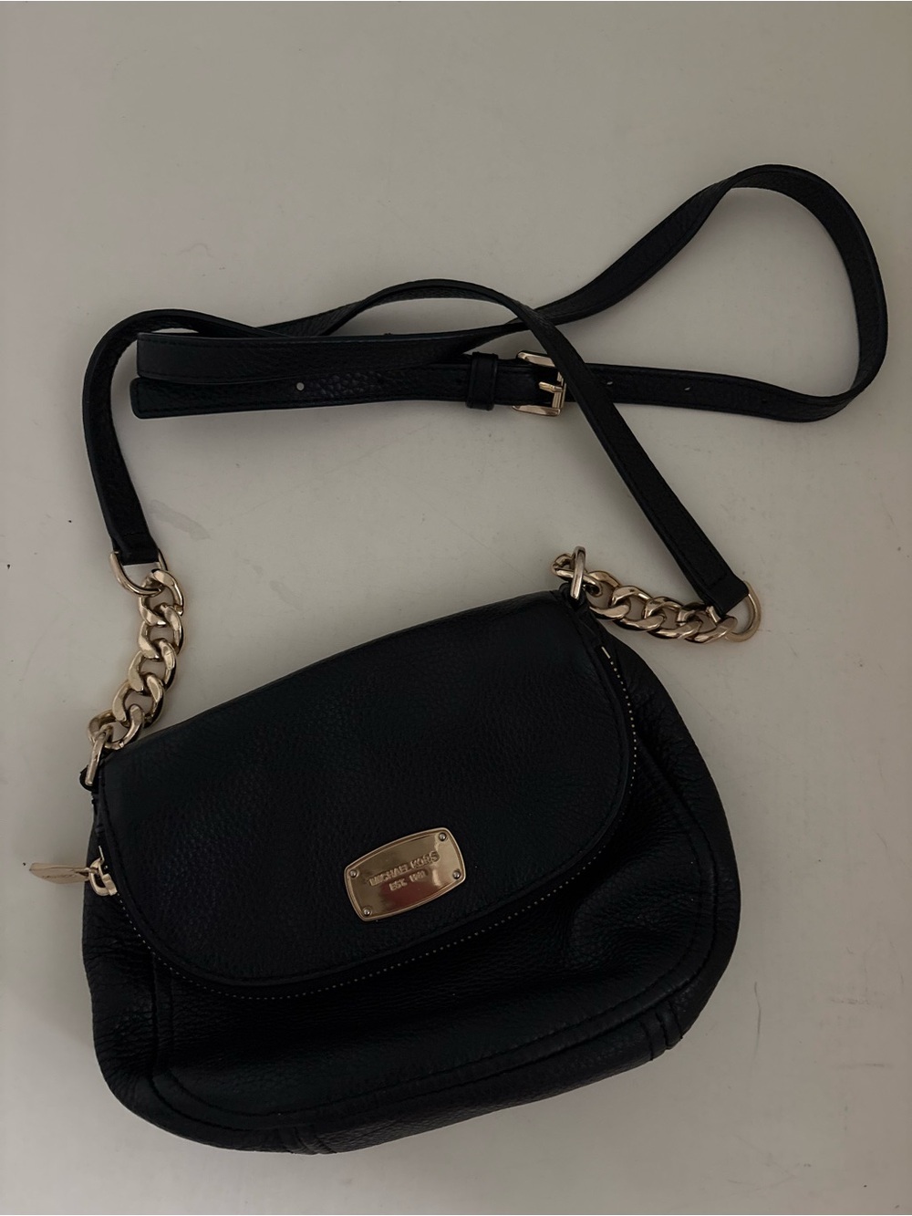 Michael Kors Black Leather Crossbody with Gold Chain